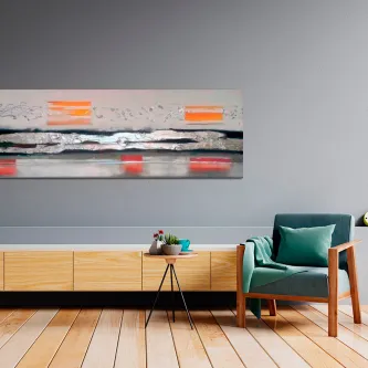 Quadro dístico abstrato com faixas horizontais e detalhes laranja