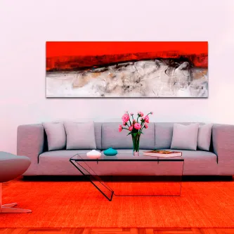 Quadro aguarela avermelhada com faixa vermelha e textura cinzenta