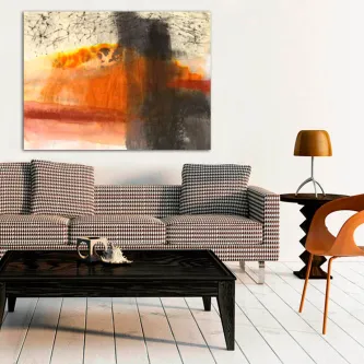 Quadro Desabou abstrato com manchas laranja e preta sobre sofá moderno