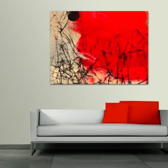 Quadro abstrato com grande mancha vermelha e traços negros sobre fundo claro