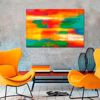 Quadro dinamismo colorido com manchas abstratas laranja, amarelo, vermelho e turquesa