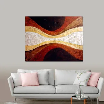 Quadro abstrato com faixas curvas bege e marrons sobre fundo texturado