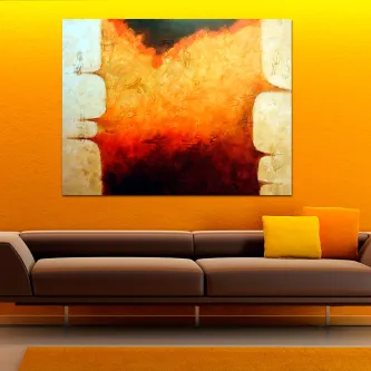 Quadro 'quadro atrás de muros' abstrato em tons laranja, vermelho e bege sobre sofá