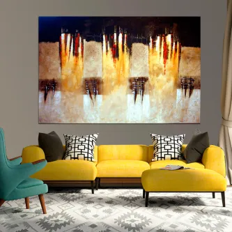 Quadro Inversão com formas abstratas douradas e castanhas e gotejamentos verticais