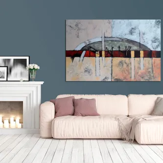 Quadro meio meio abstrato pendurado acima de sofá em sala contemporânea