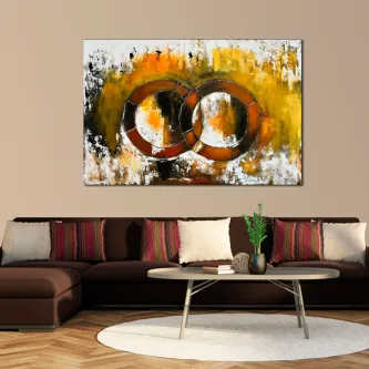 Duas alianças entrelaçadas em tons de fogo sobre fundo texturado abstrato