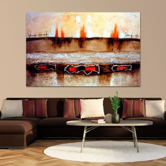 Quadro Paralelos com bandas horizontais texturizadas, tons castanhos e manchas vermelhas