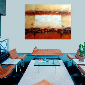 Quadro Trespasse 2 pintura abstrata com faixas douradas, brancas e vermelhas sobre fundo castanho