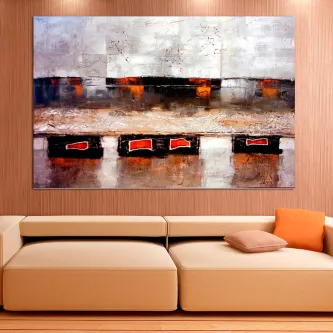 Quadro extensão negra com bandas abstratas horizontais escuras e retângulos vermelhos