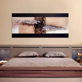 Quadro abstrato horizontal em tons terra com duas argolas pequenas centrais