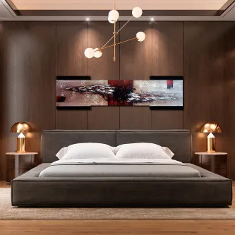 Quadro meio vermelho, painel abstrato com mancha vermelha central acima de cama moderna