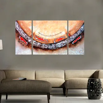 Quadro divisão circular com arco cinzento e formas laranja sobre fundo bege