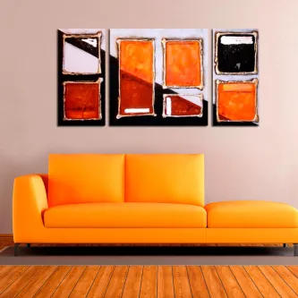 Quadro janelas laranja com três painéis abstratos laranja acima de sofá laranja