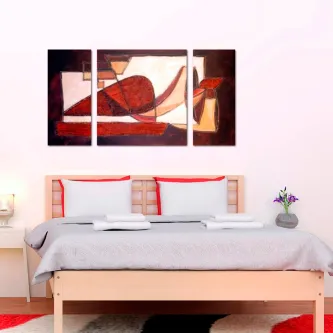 Quadro 'quadro hermoso color rojo' tríptico abstrato vermelho e castanho sobre cama