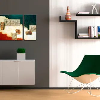 Quadro Pequenas Peças com dois painéis abstratos sobre móvel branco, cadeira verde e estante