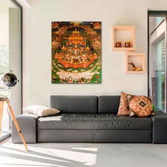 Quadro com ilustração de palácio chinês colorido pendurado acima de sofá