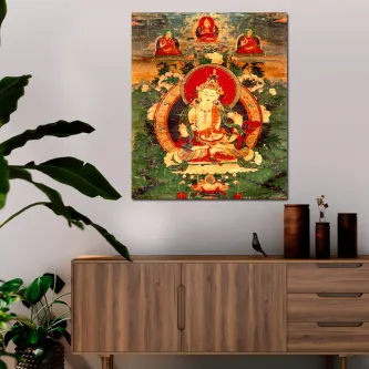 Quadro Red Buda em tons vermelhos e dourados com Buda sentado sobre móvel