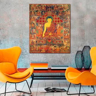 Quadro Budismo 2 com Buda dourado central e motivos coloridos, entre duas cadeiras laranja