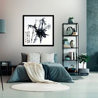Quarto com quadro estilo zen de bambu em tinta preta sobre fundo branco