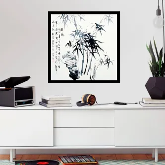 Quadro com pintura japonesa de bambu e caligrafia em moldura preta