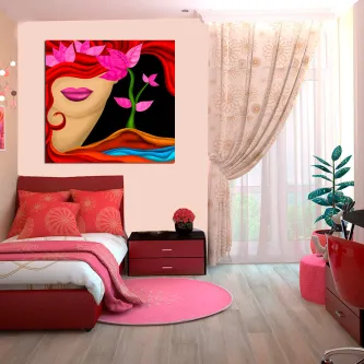 Quadro com rosto feminino estilizado e flores coloridas sobre fundo escuro