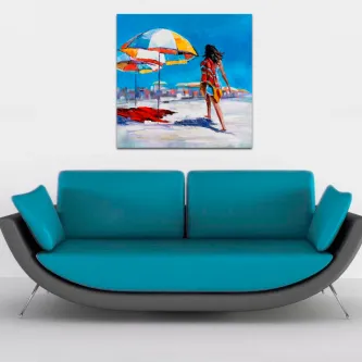 Pintura de praia com mulher e guarda-sóis coloridos
