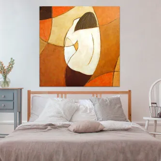 Figura estilizada de costas em pintura abstrata em tons de laranja, castanho e creme