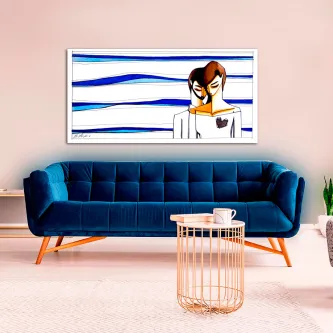 Quadro casal coração sobre sofá azul, casal estilizado com coração