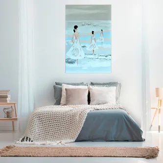 Quadro meninas na praia com três meninas de mãos dadas junto ao mar