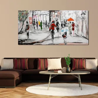 Quadro Pressa na cidade — pintura urbana com pessoas apressadas e guarda-chuvas