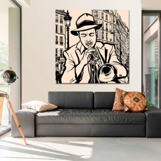 Quadro trompetista em ilustração a preto e branco com edifícios urbanos ao fundo
