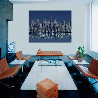 Quadro Nova Iorque azul com horizonte refletido, pendurado numa sala moderna