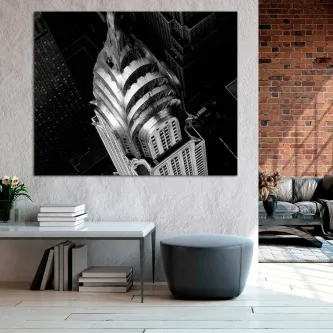 Arranha-céus art déco de Nova Iorque em foto preto e branco, vista inclinada