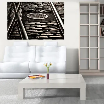 Quadro a preto e branco com close-up de calçada empedrada, carris e tampão