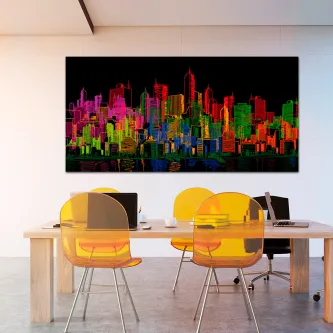 Quadro linhas iorquinas com skyline multicolor sobre fundo negro e reflexo na água