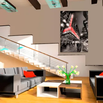 Quadro Radio City Music Hall em preto e branco com marquise vermelha numa sala moderna