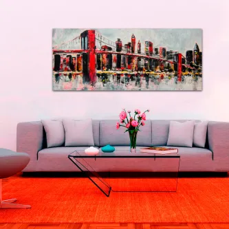 Quadro Ponte Vermelha com pintura estilizada de ponte sobre skyline urbano