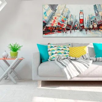 Quadro estilizado de Nova Iorque com edifícios, painéis luminosos e passagem de peões
