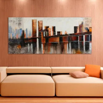 Quadro de Nova Iorque com ponte e skyline refletidos na água