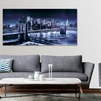 Quadro NYC com panorama noturno de Nova Iorque, ponte e arranha-céus junto ao rio
