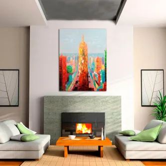 Quadro Big Tower 2 com torre e edifícios coloridos, pendurado acima de lareira numa sala