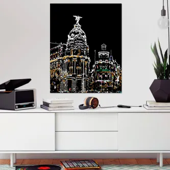 Madrid à noite, edifício Metropolis iluminado em pôster estilizado