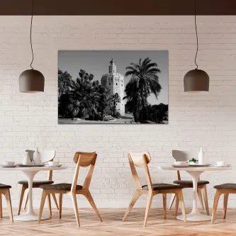 Quadro Torre del Oro, imagem a preto e branco com torre e palmeiras