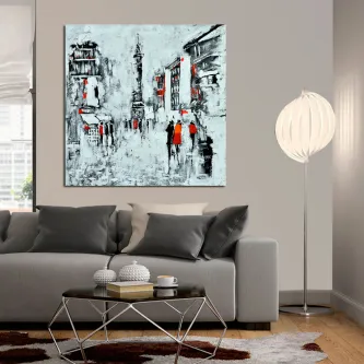 Quadro de cidade abstrata em preto e branco com detalhes em vermelho
