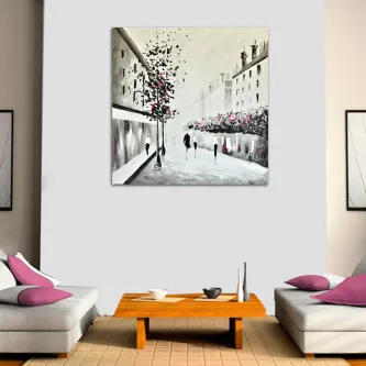 Quadro cidade à mão com rua em preto e branco, flores rosa e pessoas a caminhar