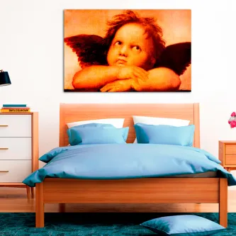 Quadro Angel com anjo querubim sobre cabeceira de cama moderna