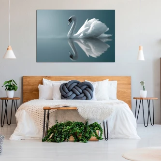 Quadro com cisne branco e reflexo na água em tons azuis e cinza