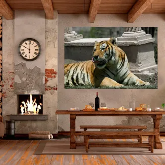 Quadro tigre entre colunas pendurado numa sala rústica