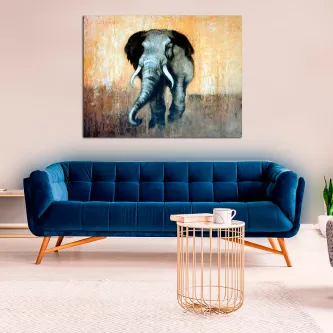 Quadro Big Elephant com elefante de frente pendurado sobre sofá azul