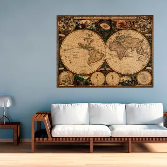 Quadro The World, mapa-múndi antigo em sépia com moldura ornada
